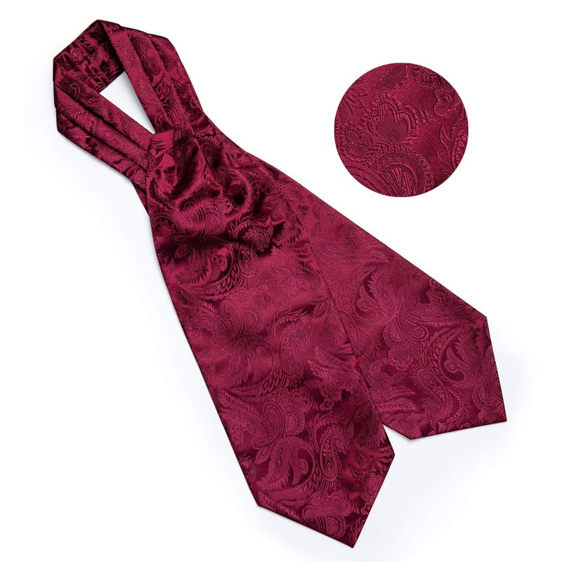 DiBanGu Burgundy Ascot Ties for Men Cravat Tie and Pocket Square Set Jacquard Silk Ascot Paisley Cravat for Men - Image 5